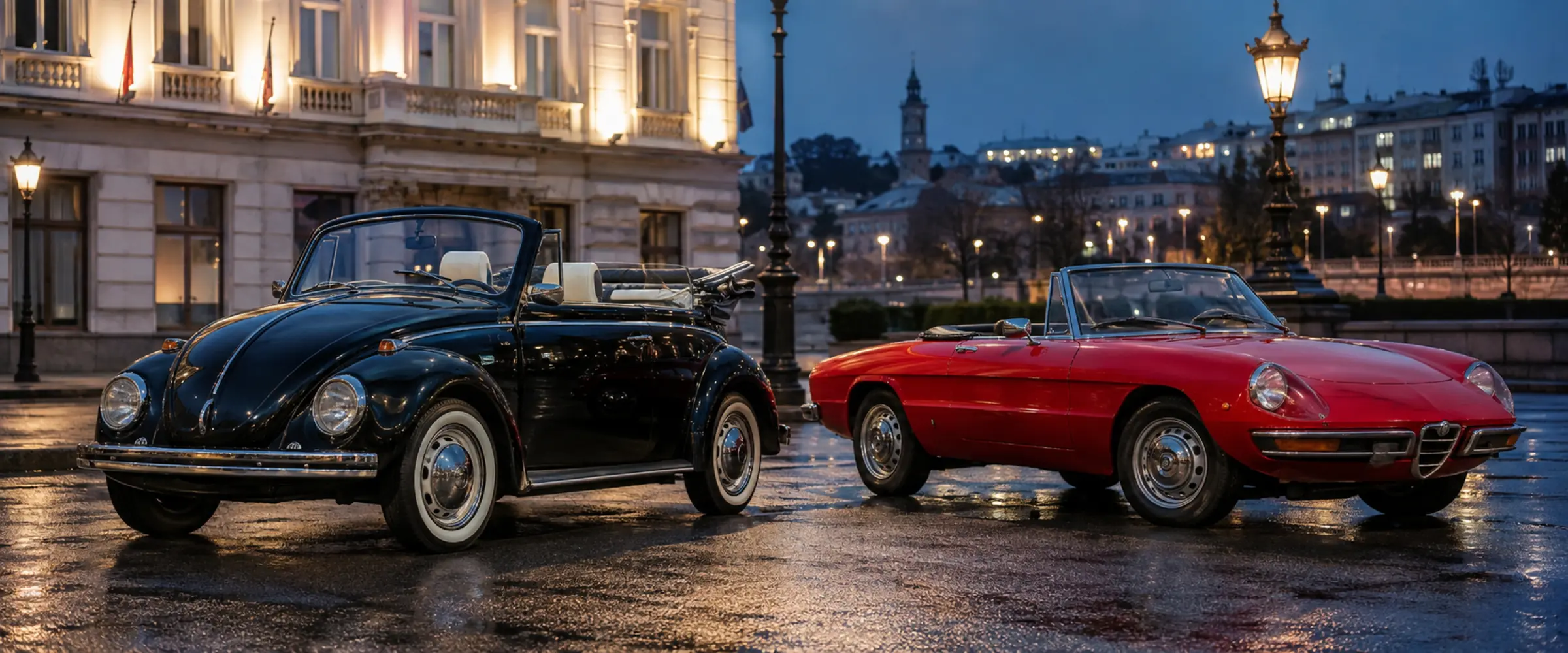 Crna buba kabriolet i crvena Alfa Spider uveče u Beogradu